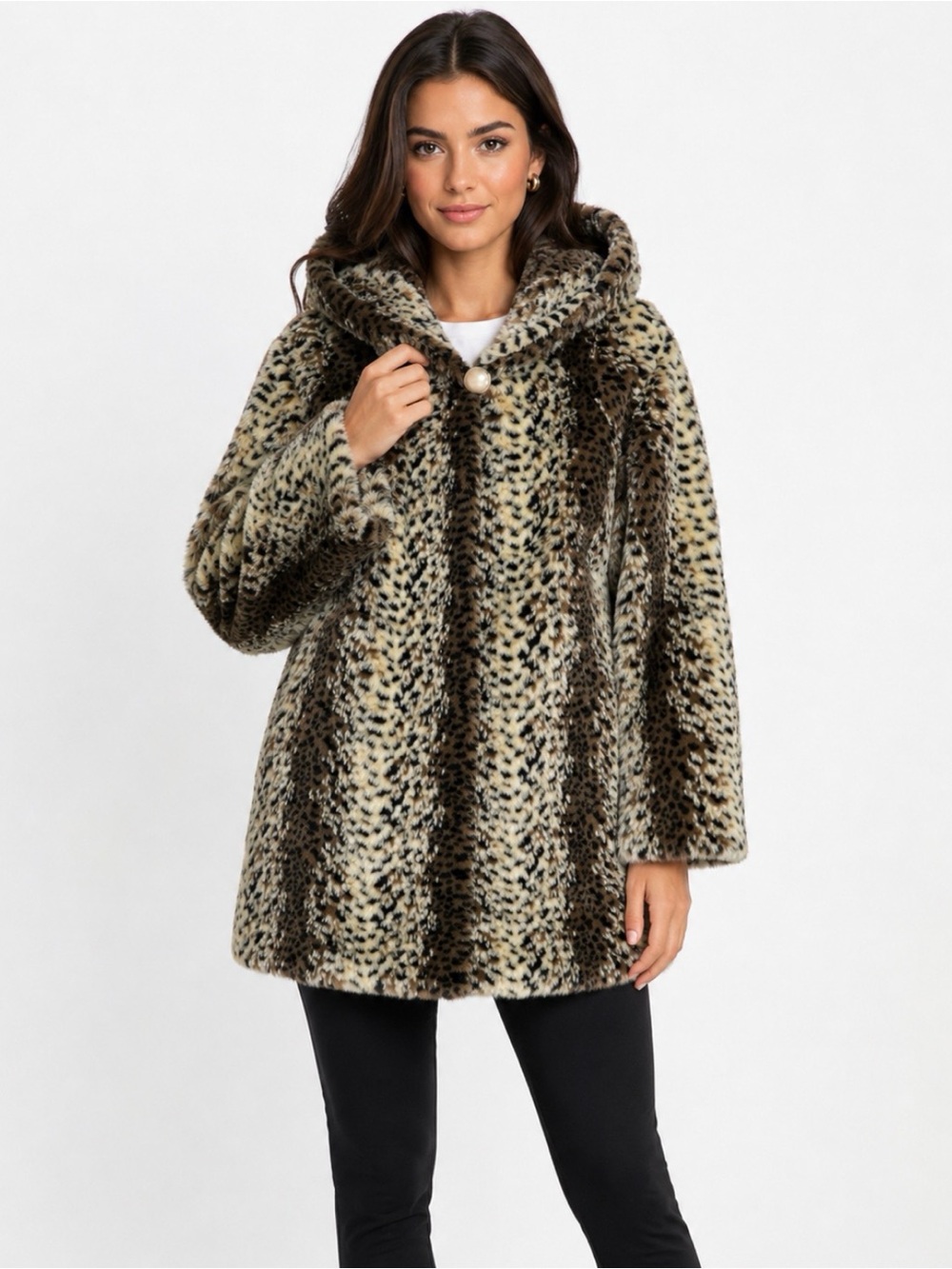 Dennis Basso Faux Fur Soft Hooded Animal Print Coat Jacket Plush Luxury Size XS